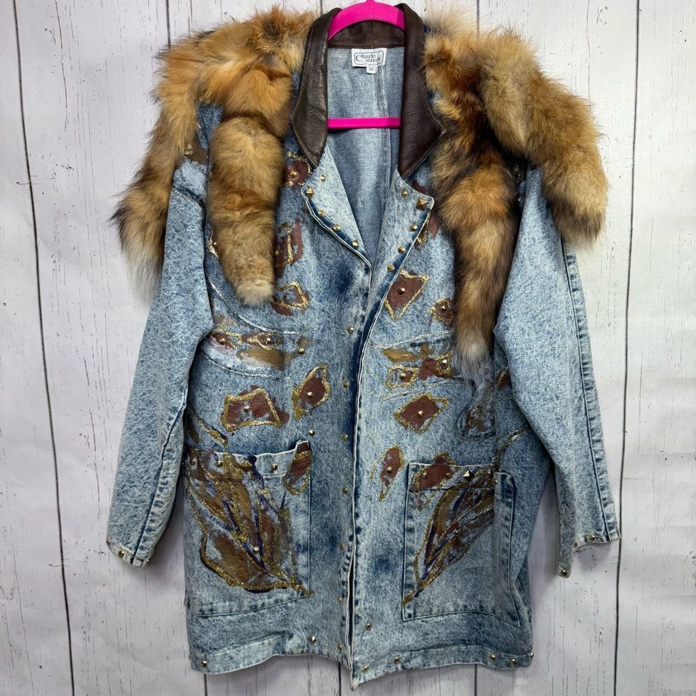 Vintage Charle Casuals Painted Denim Jacket Fur Collar Statement 80s/90s Artsy
